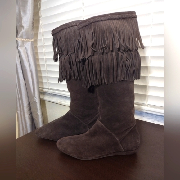 Gianni Bini Fringe Suede Boots - Brown - Picture 2 of 8